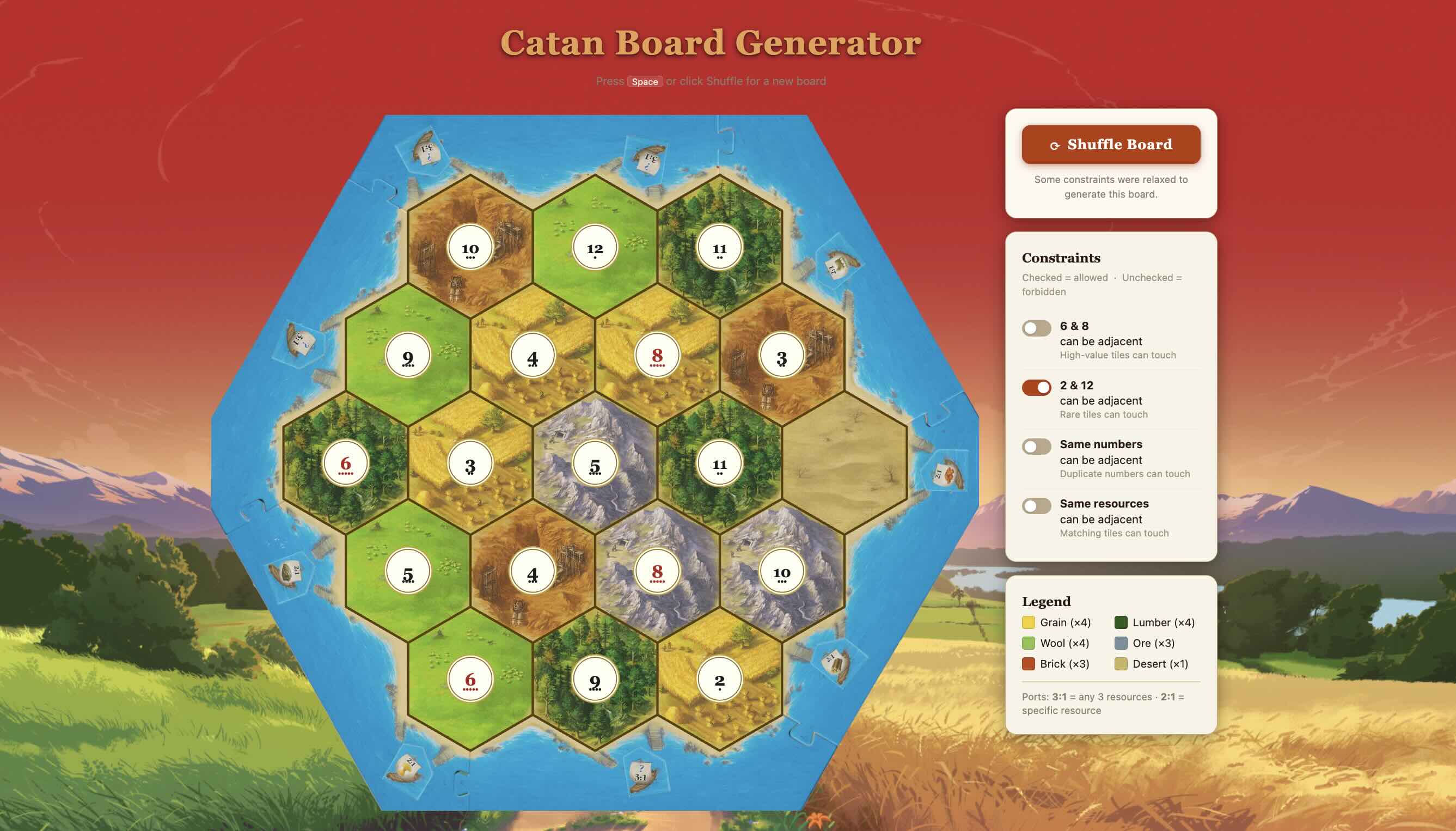 A sample Catan board generated by the app
